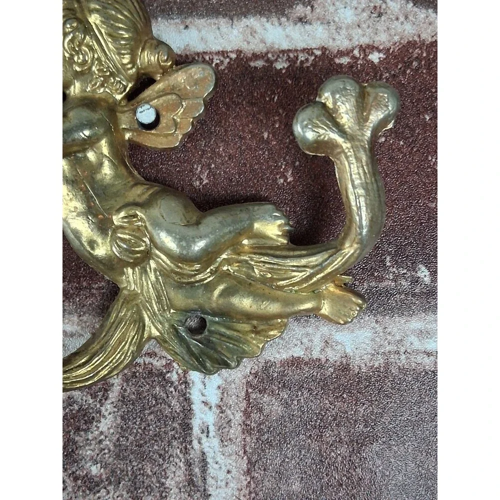 Vintage Brass Fairy Girl Cherub Wall Hook Towel Whimsy Bathroom Decor Cottage